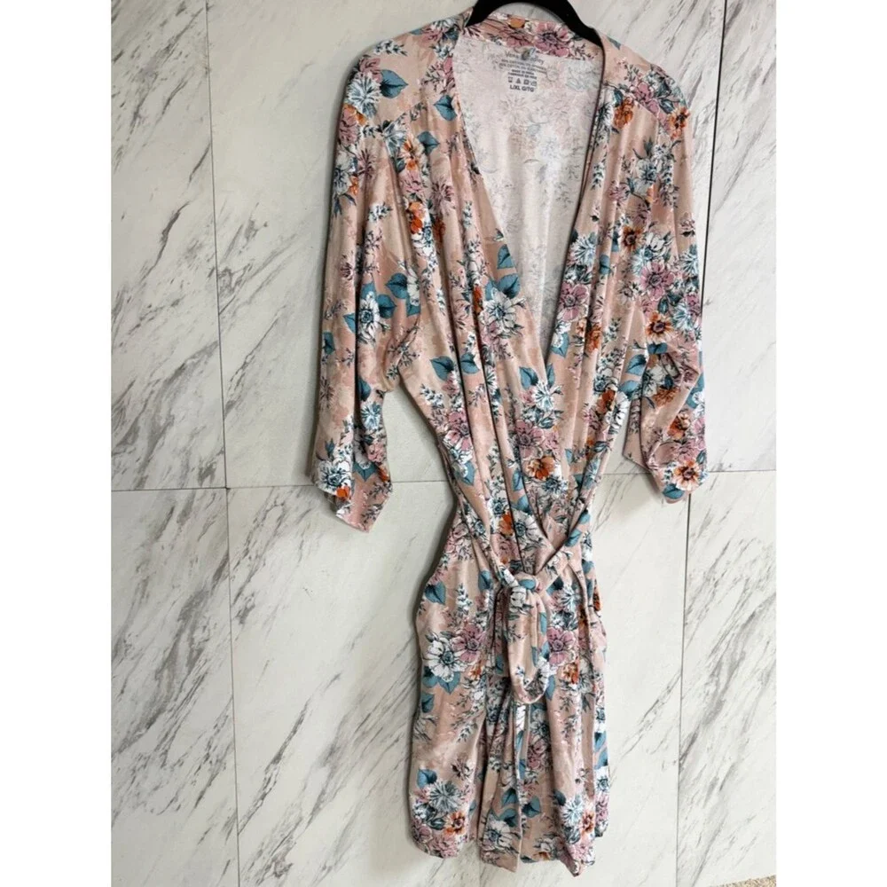 Vera Bradley Pink Floral Cotton Stretch Wrap Tie Lounge Robe Size L XL